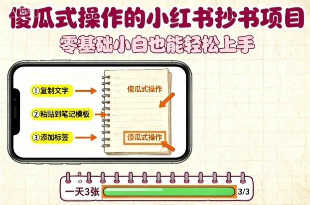 傻瓜式操作的小红书抄书项目，会复制粘贴就行，零基础小白也能一天3张-涛哥资源