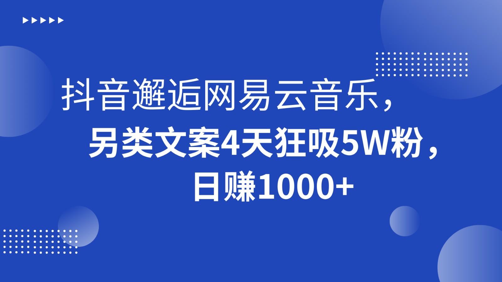 抖音邂逅网易云音乐，另类文案4天狂吸5W粉，日赚1000+-涛哥资源