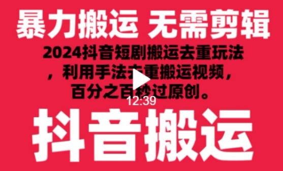 2024最新抖音搬运技术，抖音短剧视频去重，手法搬运，利用工具去重，达到秒过原创的效果-涛哥资源