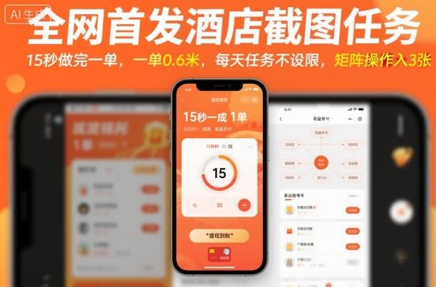 全网首发酒店截图任务，15秒做完一单，一单0.6米，每天任务不设限，矩阵操作日入3张-涛哥资源
