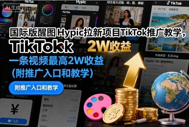 国际版醒图Hypic拉新项目TikTok推广教学，一条视频最高2W收益（附推广入口和教学）-涛哥资源