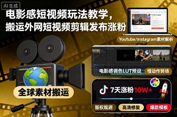 电影感短视频玩法教学,搬运外网短视频剪辑发布涨粉-涛哥资源