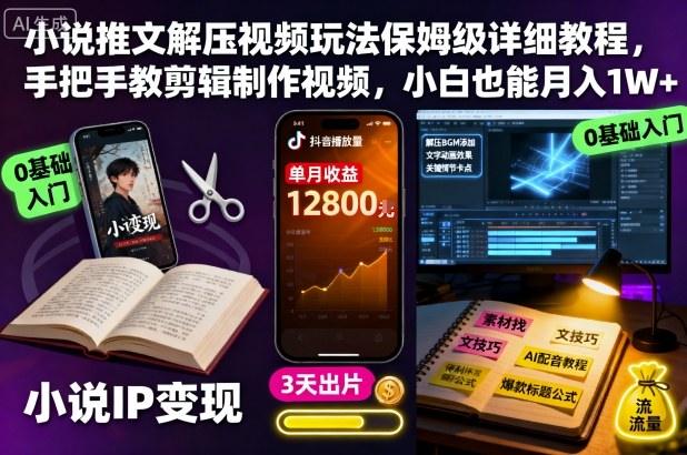 小说推文解压视频玩法保姆级详细教程，手把手教找素材剪辑视频，小白也能月入1W+-涛哥资源