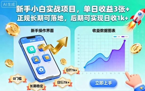 新手小白实战项目，单日收益3张+，正规长期可落地，后期可实现日收1k+-涛哥资源