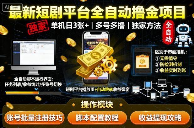 最新短剧平台全自动挂机撸金项目，单机一天300+，多号多撸，区别于市面所有挂机项目，独家方法-涛哥资源